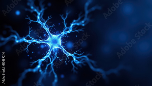Image shows a 3D rendering of an electrically charged neuron with a blue glow effect.