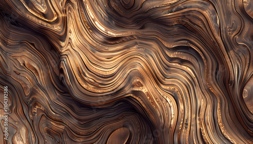 Abstract liquid texture artwork showcasing swirling patterns in warm bronze and copper tones, evoking a sense of depth and movement.