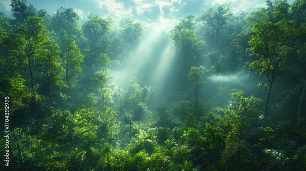 Sunbeams illuminating lush green rainforest canopy. Sunbeams illuminating lush green rainforest canopy.