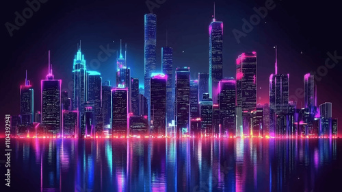 Futuristic night city. Cityscape on a colorful background with bright and glowing neon lights. Wide city front perspective view. Cyberpunk and retro wave style illustration.