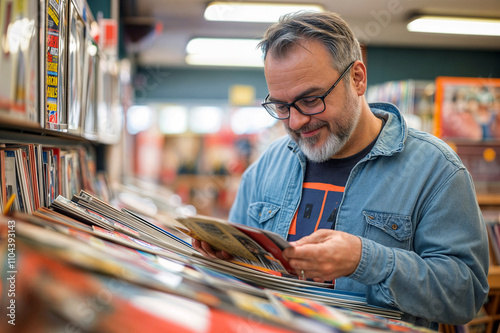 Happy Mature Gen-X Man Searching Rare Comics at Hobby convention store