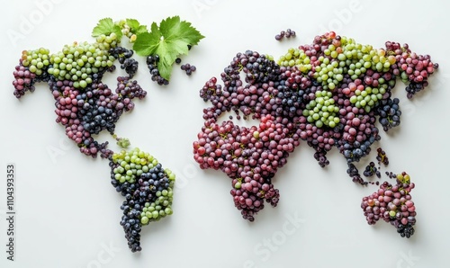 Fototapeta Naklejka Na Ścianę i Meble -  World map made of grapes. Creative flat lay, wine and world winery concept. Wine production all over the world, wine countries.