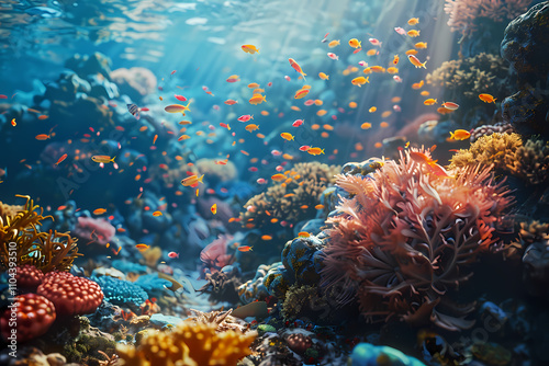 A vibrant underwater scene showcases colorful coral reefs and fish in a serene ocean environment with sunlight filtering through the water.