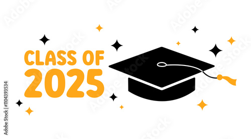 Class of 2025 Graduation greeting card, poster, banner. Vector flat illustration. Black color academic cap and golden 2025 numbers on white background. Mortarboard graduate symbol