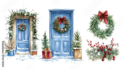 Home decoration set in the winter with a Christmas wreath on the door. Art vector illustration painted with watercolors on a white background