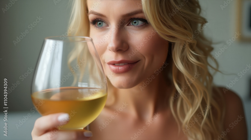 Blonde woman with wavy hair and holding a glass of white wine, gazing thoughtfully. Elegant and serene indoor setting with soft, natural lighting. She is smiling and offering a toast. Blonde woman with wavy hair and holding a glass of white wine, gazing thoughtfully. Elegant and serene indoor setting with soft, natural lighting. She is smiling and offering a toast.