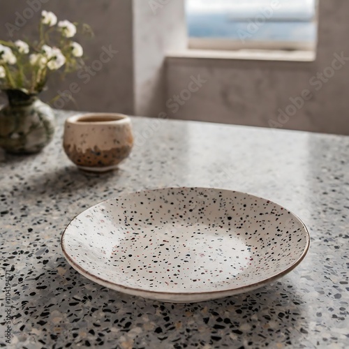 Wallpaper Mural Simple ceramic plate with speckled design on a terrazzo table surface in natural light, cut out Torontodigital.ca