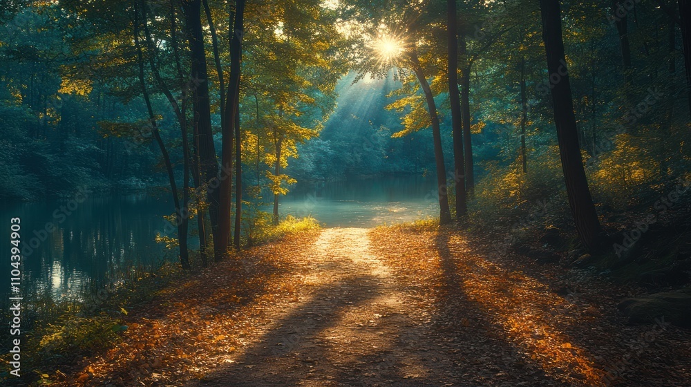 Naklejka premium Sunbeams illuminate path through autumnal forest to tranquil lake.