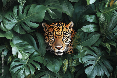 Fototapeta Naklejka Na Ścianę i Meble -  Seamless repetitive pattern of jungle jaguars and leopard spots, mixed with jungle leaves for a camouflaged effect.