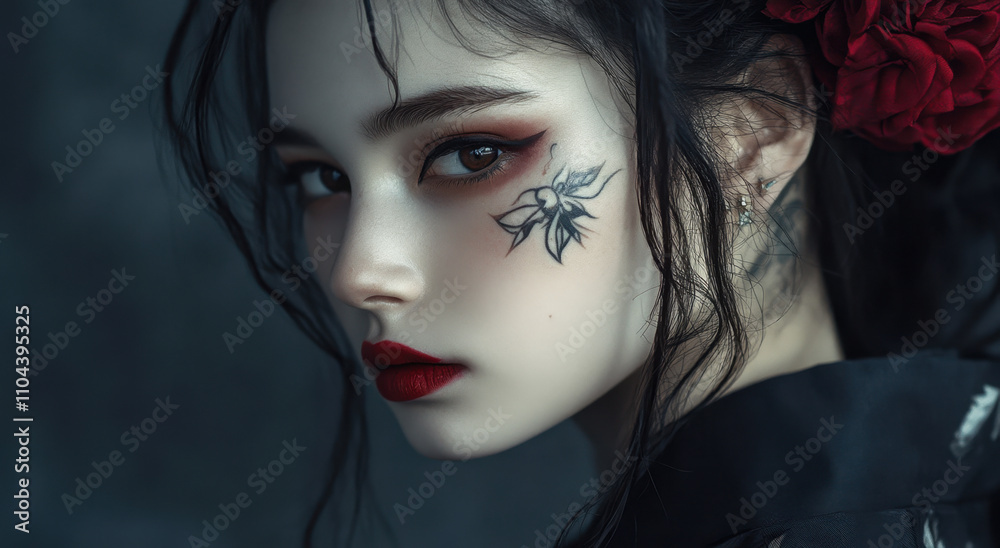 Fototapeta premium Beautiful geisha girl with a tank top, dark eyes, tattoos on her face