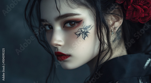 Beautiful geisha girl with a tank top, dark eyes, tattoos on her face