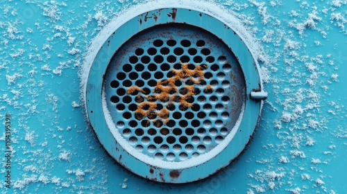 Close-up of a circular, perforated metal surface in bright blue covered with frost and rust spots, creating a contrast between the cold and corrosion on the industrial object. photo