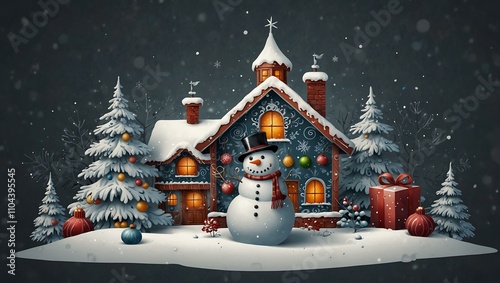 Christmas clip art with doodle snowman, house, and ornaments. photo