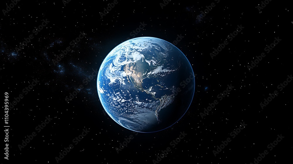 Fototapeta premium A blue Earth with sun rays shining on it against space planet