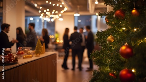 Festively decorated office with employees socializing at the corporate end-of-year, Christmas and New Year party.