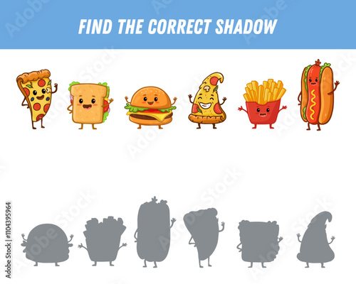 Find correct shadow of fast food characters. Educational logical game for kids. Cartoon funny food. Slice of pizza, burger, hot dog, pfrench fries, sandwich . Vector