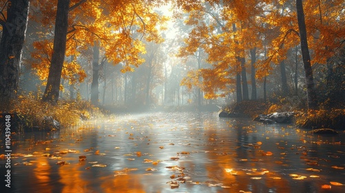 Misty autumn river flowing through golden forest.