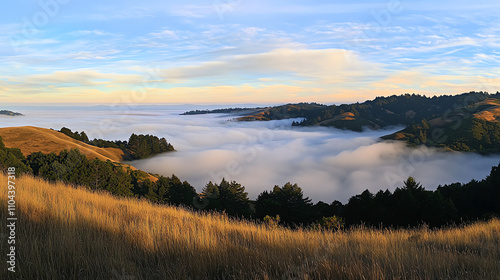 Panoramic view of rolling hills blanketed in morning fog with soft sunlight illuminating the landscape