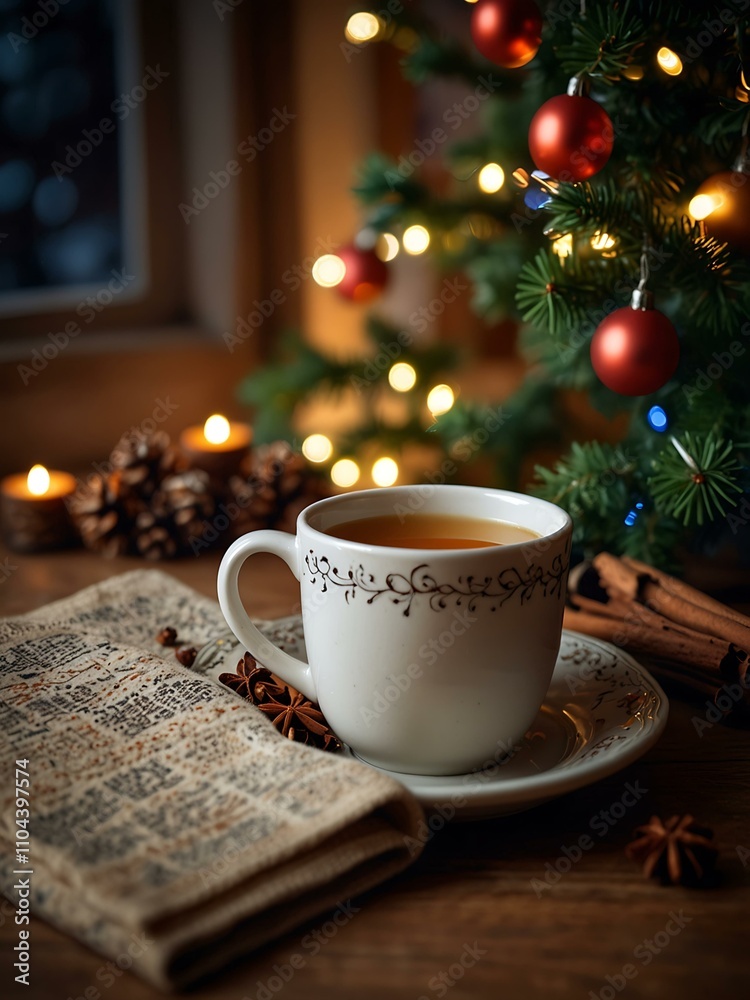 Obraz premium Christmas lights, tree branches, and a cup of tea with spices in a cozy setting.