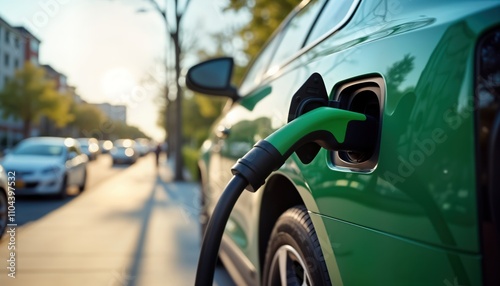 Electric vehicle charging at a station in city street. Eco-friendly transport innovation in progress. Modern tech solution for sustainable travel. Urban scene showcasing sustainable future. © miss irine