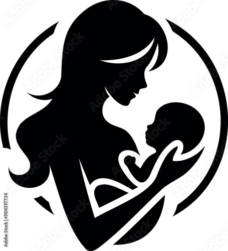 A mom holding her newborn child illustration of motherhood silhouette.