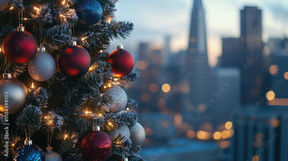 Close-up image of Christmas tree with red and silver ornaments on the background of San Francisco panorama Close-up image of Christmas tree with red and silver ornaments on the background of San Francisco panorama