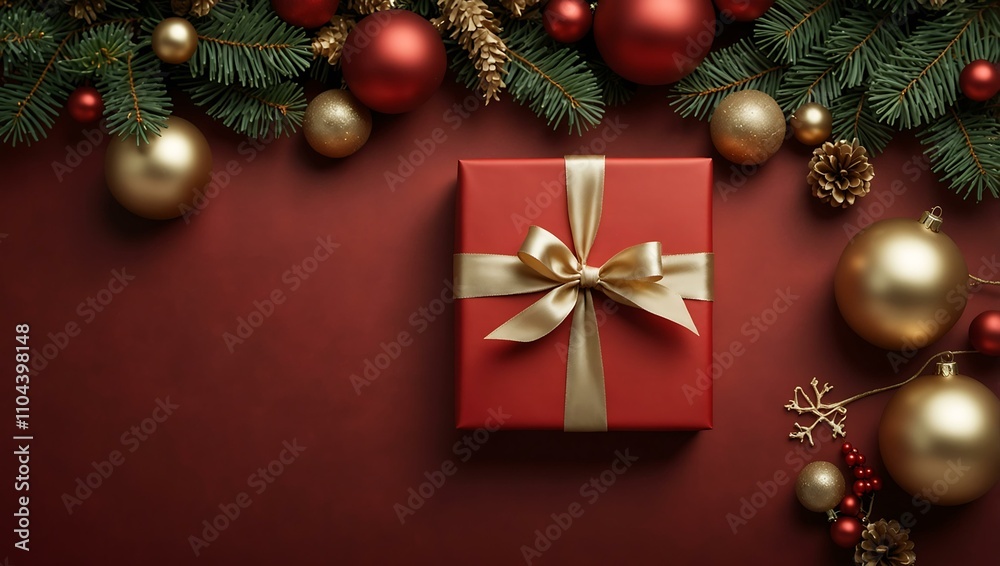 Christmas red background with golden gifts and tree branches. Christmas red background with golden gifts and tree branches.