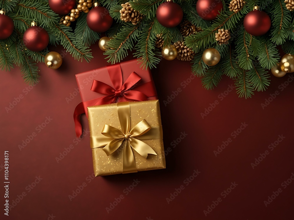 Christmas red background with golden gifts and tree branches. Christmas red background with golden gifts and tree branches.
