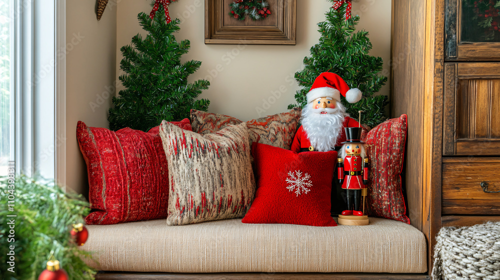 Obraz premium Playful Christmas Corner: A small space with holiday pillows, a Santa figurine, and a nutcracker.