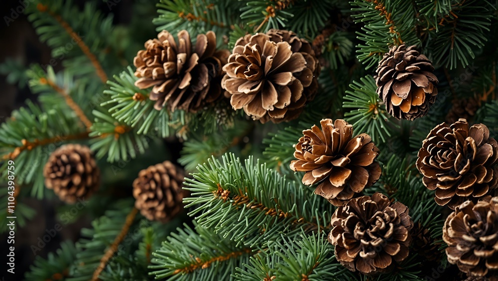 Christmas tree branches adorned with pine cones.