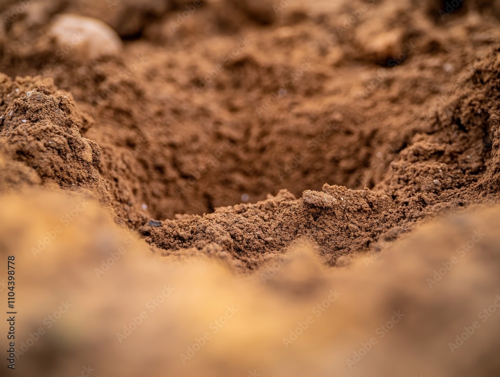 A close-up reveals a molehill entrance, showcasing intricate soil patterns formed by excavation. The scene emphasizes the hidden world of underground wildlife A close-up reveals a molehill entrance, showcasing intricate soil patterns formed by excavation. The scene emphasizes the hidden world of underground wildlife
