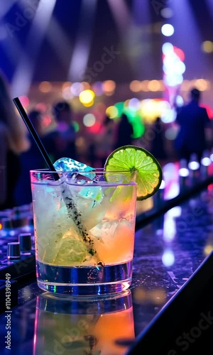 Vibrant Cocktail Scene in Nightclub with Neon Lights and Colorful Atmosphere