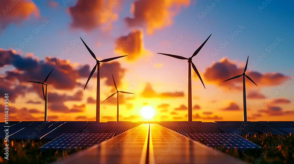 A stunning sunset behind wind turbines and solar panels, showcasing a sustainable energy landscape in a vibrant sky. A stunning sunset behind wind turbines and solar panels, showcasing a sustainable energy landscape in a vibrant sky.
