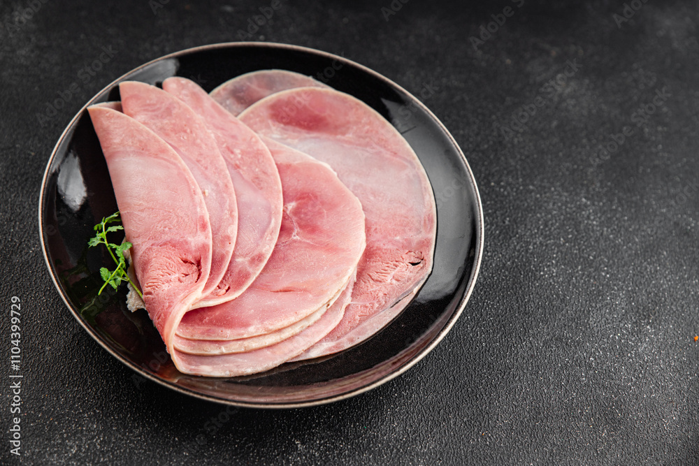 Ham slice pork meat fresh tasty food dish delicious gourmet food background on the table rustic food top view copy space Ham slice pork meat fresh tasty food dish delicious gourmet food background on the table rustic food top view copy space