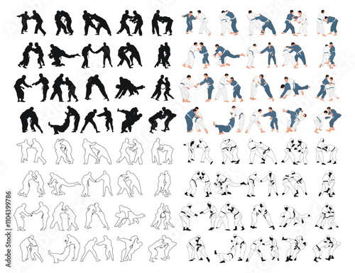 Sports collection of silhouettes of professional judokas in training, fight, duel. Judo athletes black and colored. Fighters. Martial arts