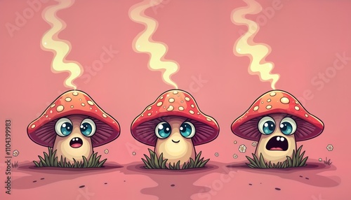 Cute cartoon mushrooms emit smoke. Groovy fungi with expressive faces. Pink background. Retro style animation set. Mushrooms in row. In fantasy setting. Emitting hallucinatory smoke. Trippy, fun photo