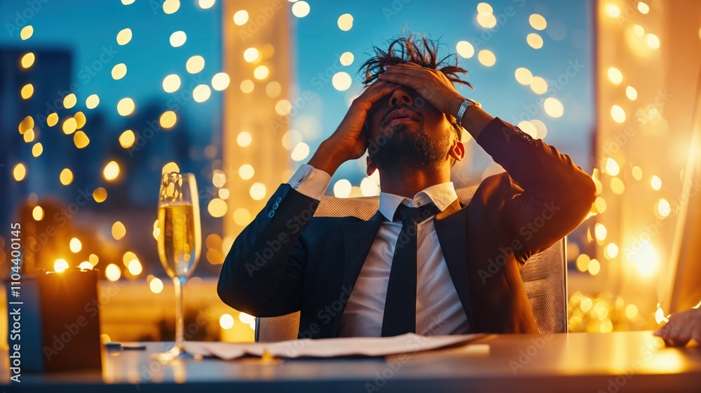 Stressed businessman in suit holding head at festive office desk with champagne, bokeh lights in background