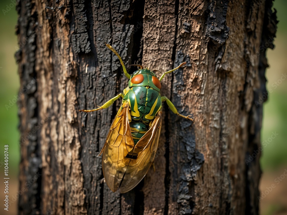 Cicada shedding its skin on a burnt tree. Cicada shedding its skin on a burnt tree.