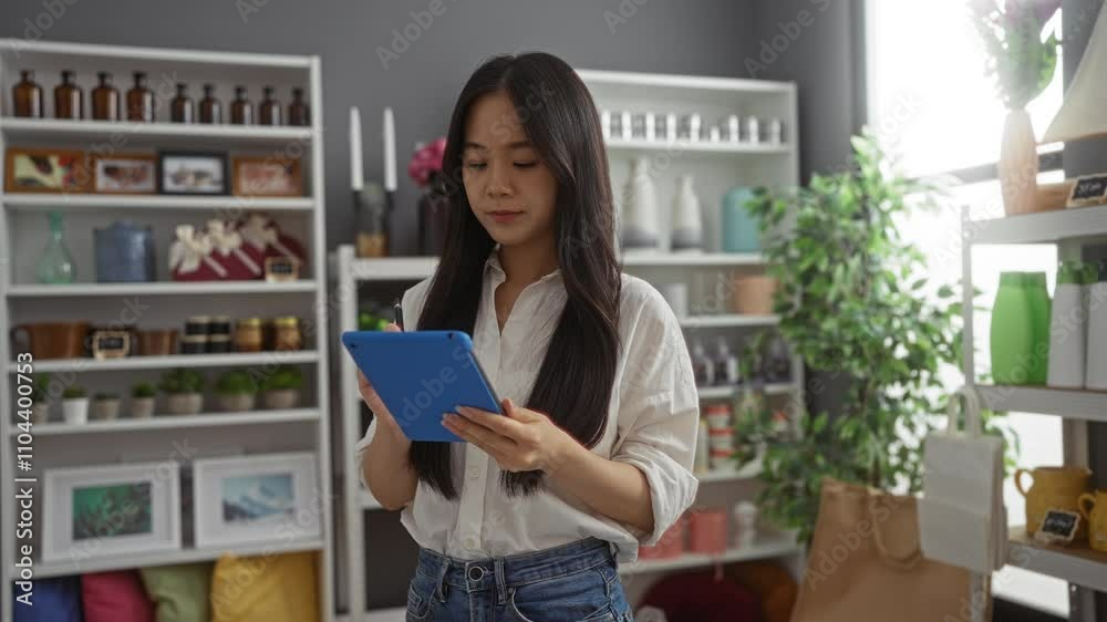 Woman in white blouse using tablet in decor store with shelves of products in background, surrounded by home decor items and plants Woman in white blouse using tablet in decor store with shelves of products in background, surrounded by home decor items and plants
