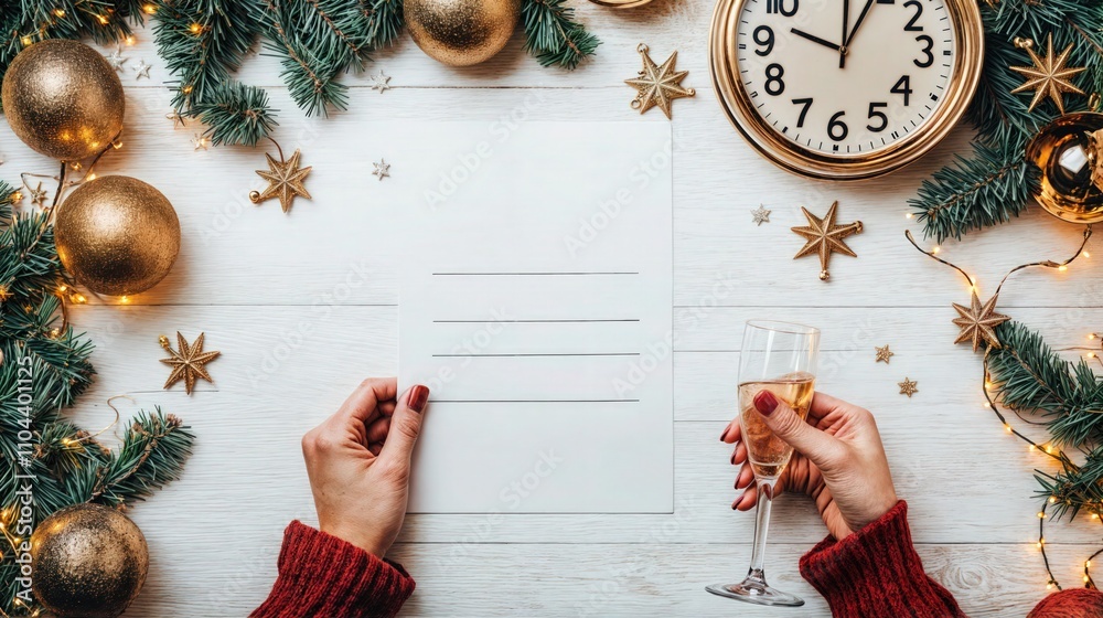 Hands holding paper and champagne glass surrounded by festive golden decorations and clock, planning New Year goals