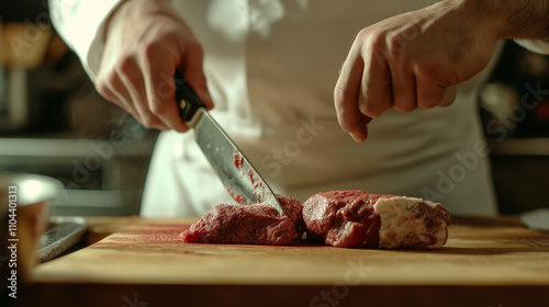 Expert Chef Slicing Fresh Alpaca Meat on Wooden Board for Gourmet Recipes and Culinary Excellence.