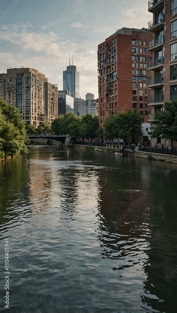 City river with surrounding buildings. City river with surrounding buildings.