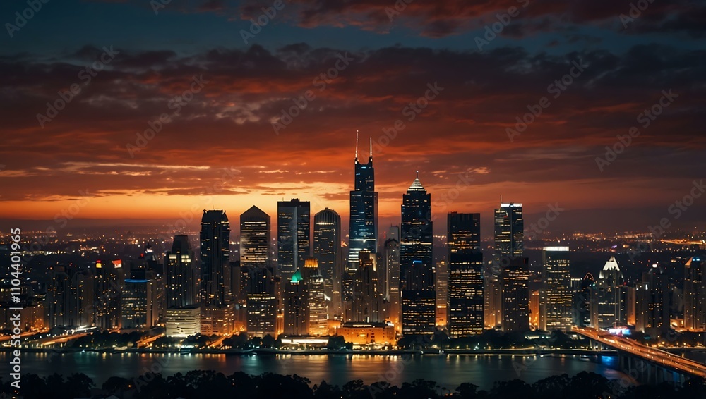 Fototapeta premium City skyline at dusk with vibrant lights.