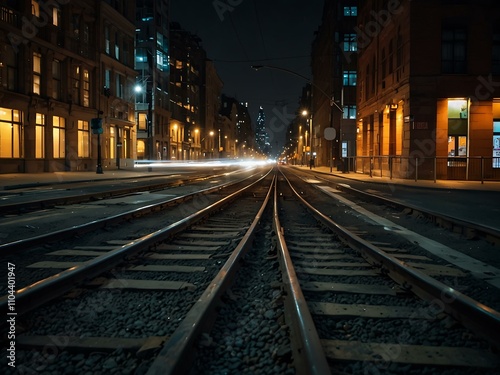City road at night, time-lapse train tracks scene.
