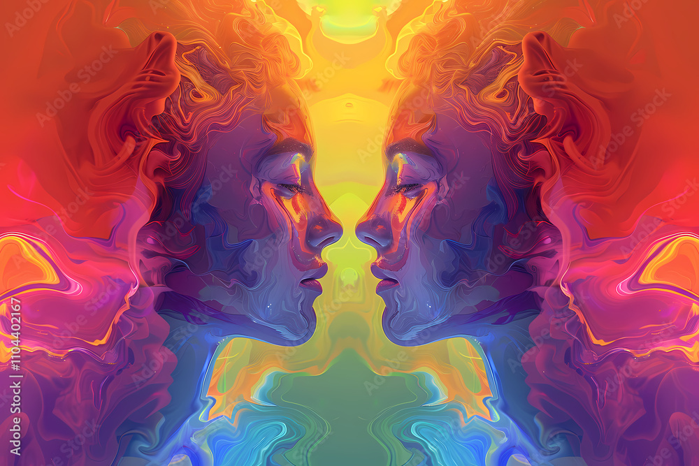A vibrant and surreal digital artwork featuring two female profiles with colorful swirling patterns, embodying harmony and connection. A vibrant and surreal digital artwork featuring two female profiles with colorful swirling patterns, embodying harmony and connection.