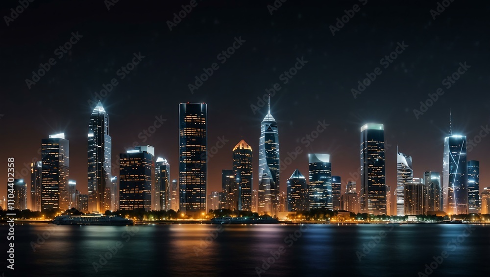 City skyline with tall buildings and lights. City skyline with tall buildings and lights.