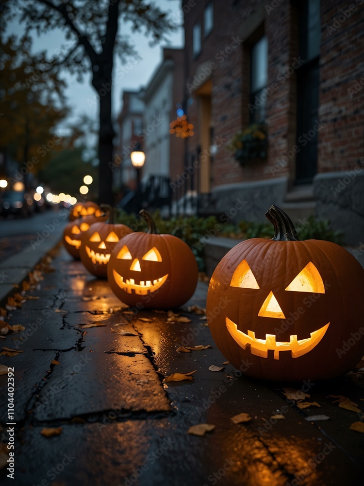 Fototapeta premium City streets decorated with glowing pumpkins for Halloween.