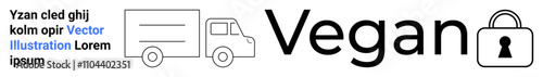Truck, Vegan text, padlock icon. Ideal for vegan food delivery, secure transactions, ecommerce, online shopping, plant-based products logistics health-conscious lifestyle. Landing page