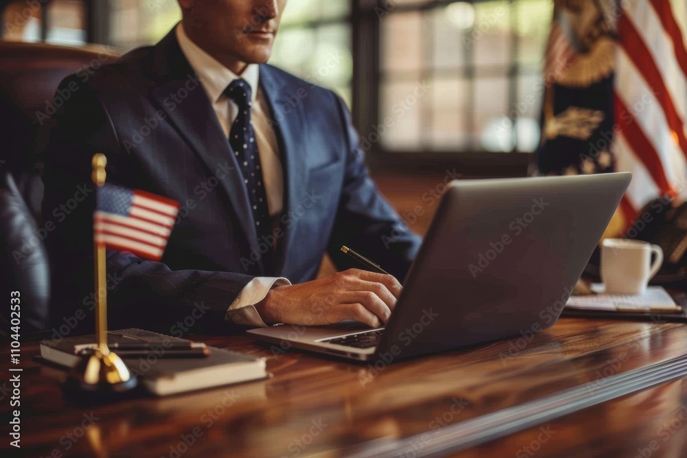A professional business man in a suit working intently on his laptop with a small American flag on the desk. A professional business man in a suit working intently on his laptop with a small American flag on the desk.