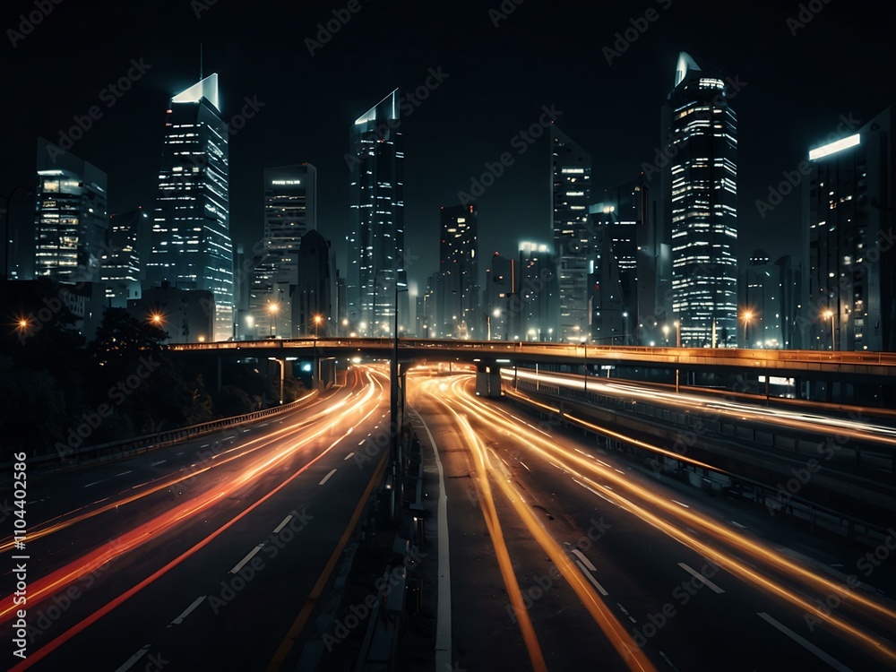 Cityscape at night with abstract lighting and car traffic. Cityscape at night with abstract lighting and car traffic.